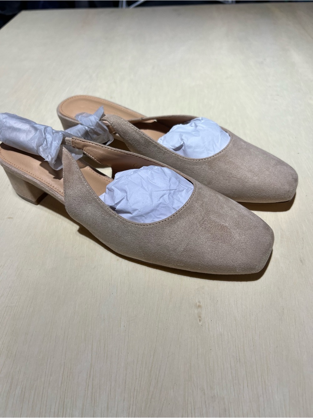 Suede Slingback Block Heel in Beige